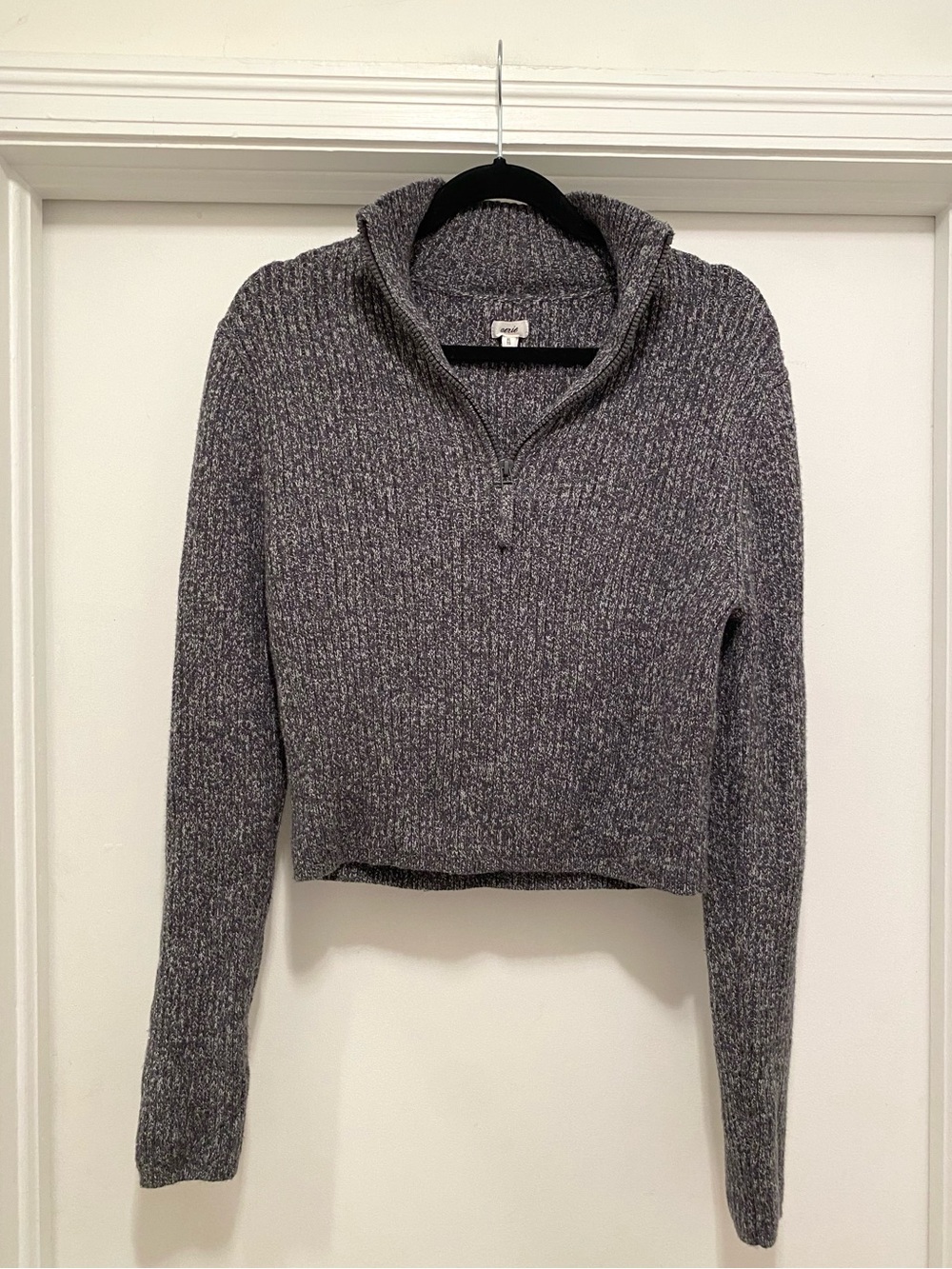 Aerie Waffle Knit Quarter Zip Sweater Size XL Dark Grey Cropped